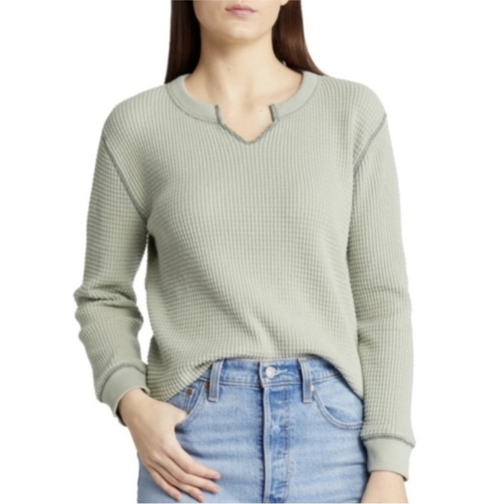 Madewell Green Waffle Split Neck Warm Shirt